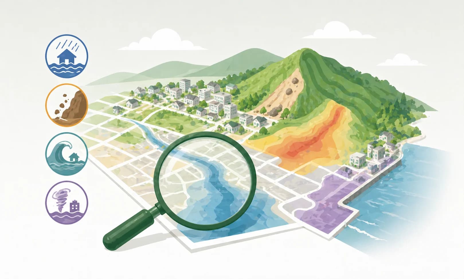 海沿いの街にハザード色分けと災害アイコンが配置された紙地図のイラスト