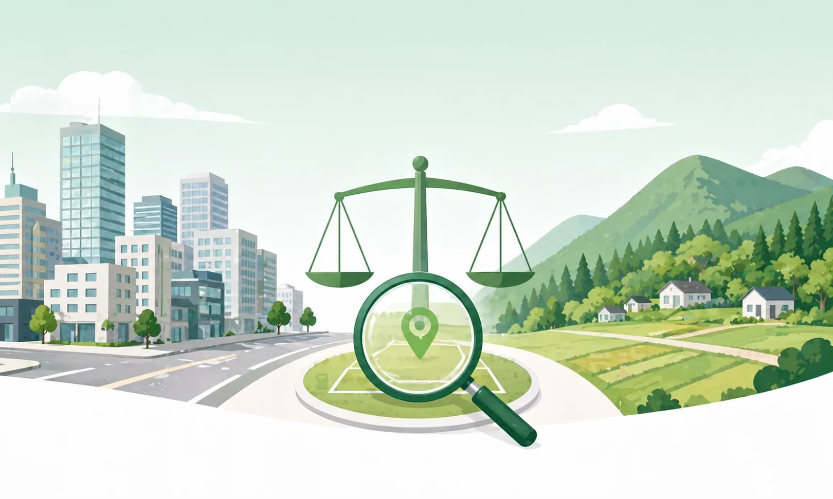 公示価格と基準価格を表す街と田園、中央に天秤が描かれたイラスト
