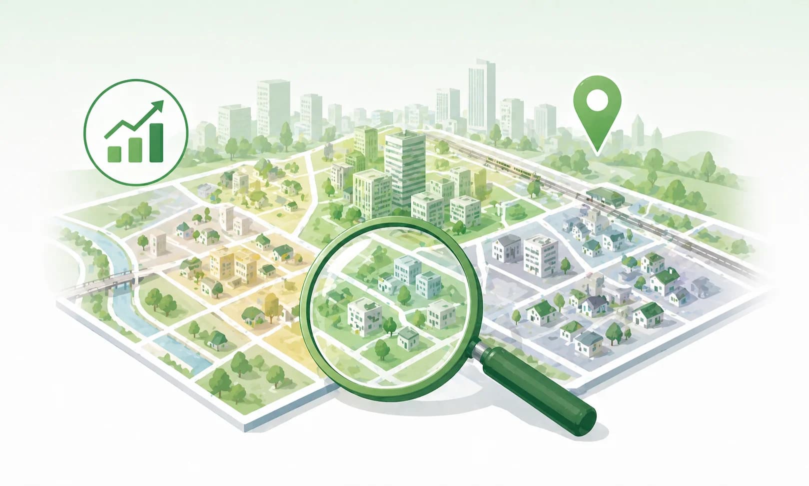 アイソメ視点の街と虫眼鏡で町丁目をズームインするイラスト